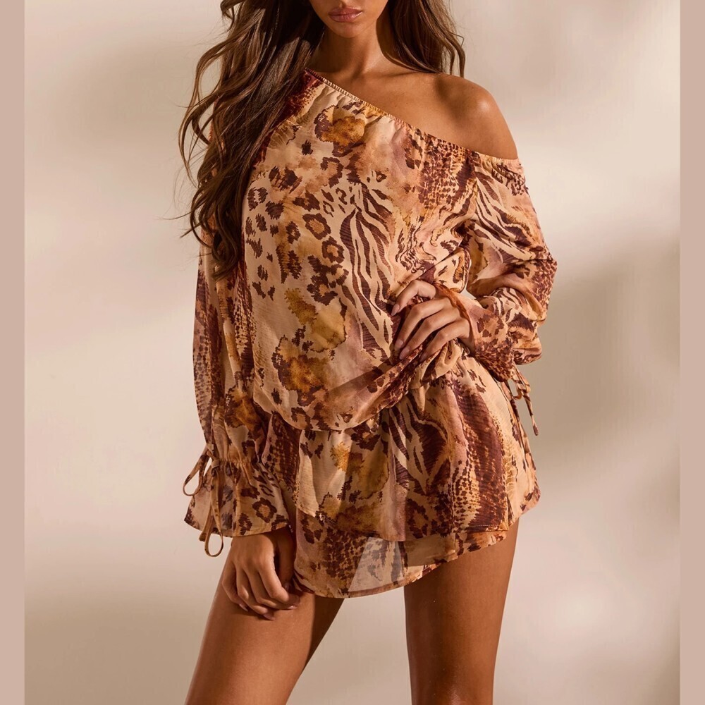 Tan Multi Animal Print Off Shoulder Long Sleeve Romper